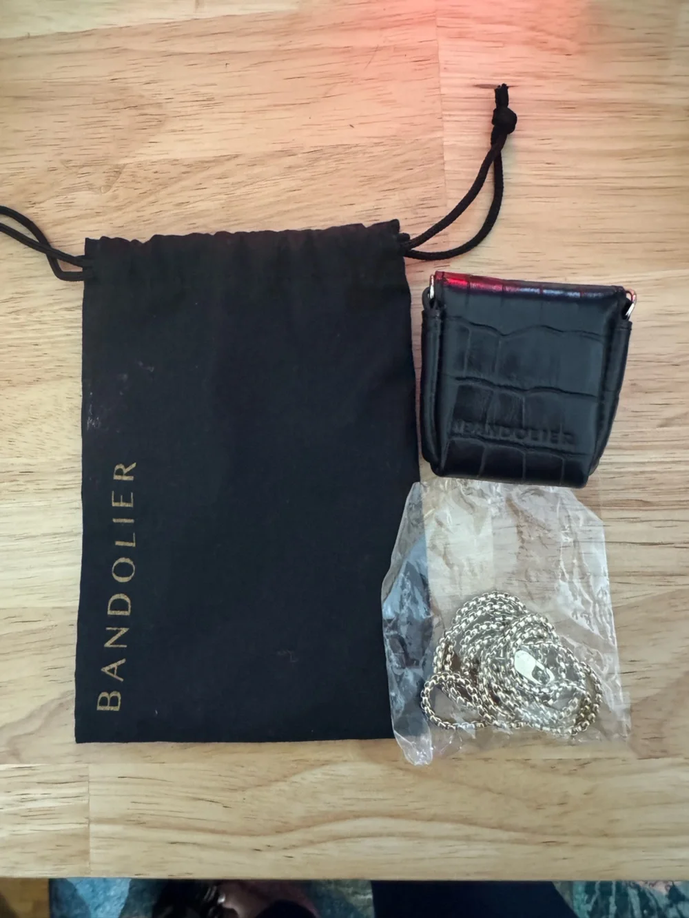 Bandolier Black Croc-Embossed Leather AirPod Holder with Silver Chain